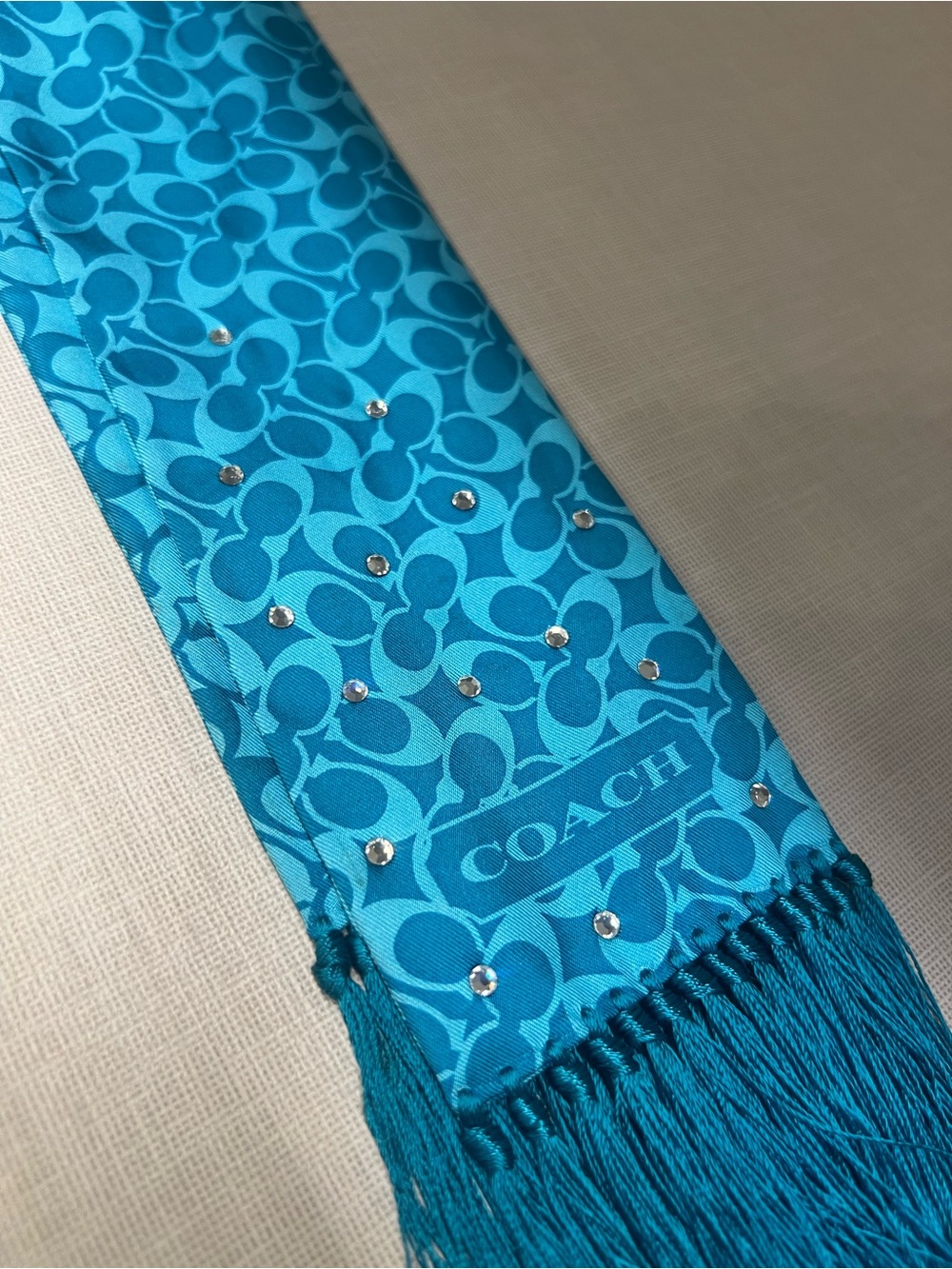 Coach Teal Signature Logo Fringe Scarf with Crystal Accents